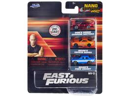 "Fast & Furious" 3 piece Set "Nano Hollywood Rides" Series 1 Diecast Model Cars by Jada - Multicolor