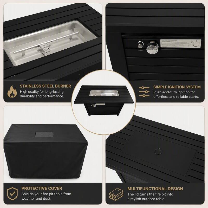 STAINLESS STEEL BURNER  
High quality for long-lasting durability and performance.

SIMPLE IGNITION SYSTEM  
Push-and-turn ignition for effortless and reliable starts.

PROTECTIVE COVER  
Shields your fire pit table from weather and dust.

MULTIFUNCTIONAL DESIGN  
The lid turns the fire pit into a stylish outdoor table.