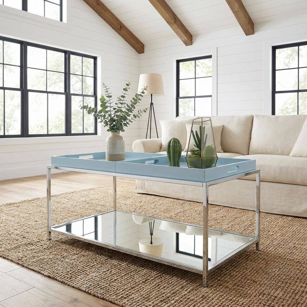 Left. FurniFact - Sea Foam Coffee Table with Chrome Frame and Modern Style Accent - SEA FOAM.