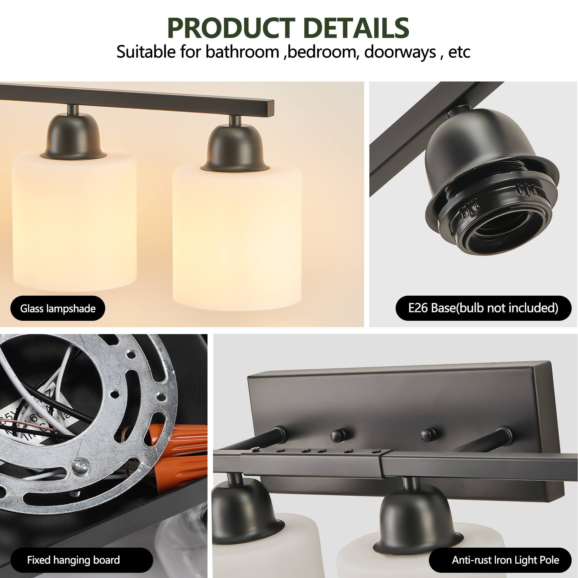 PRODUCT DETAILS  
Suitable for bathroom, bedroom, doorways, etc  

- Glass lampshade  
- E26 Base (bulb not included)  
- Fixed hanging board  
- Anti-rust Iron Light Pole