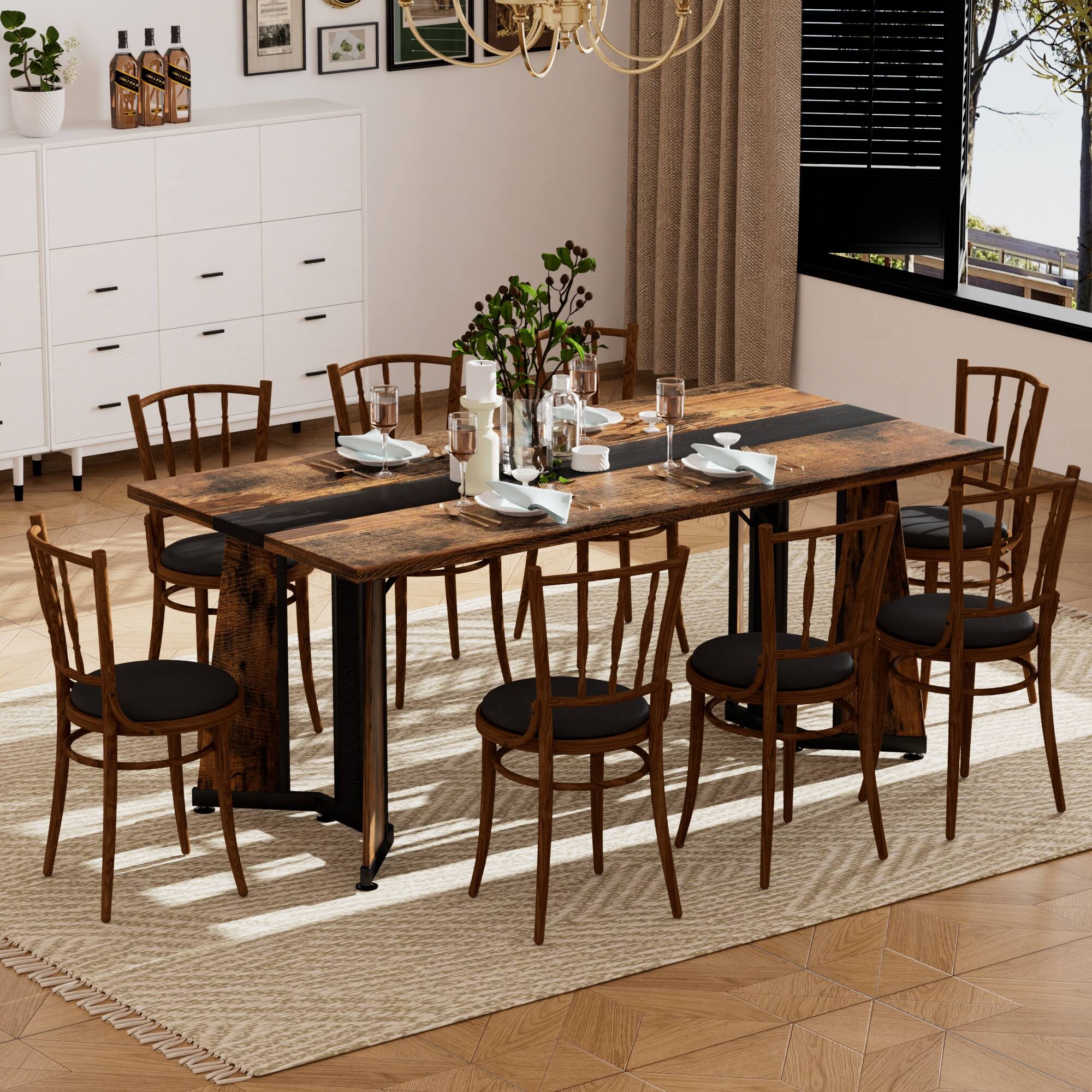 Left. Tiramisubest - 70.9"Rectangular Waterproof Large Dining Table for 8 People,Deluxe Family Dining Table with Adjustable Legs,Rustic Brown - Black,Rustic Brown.
