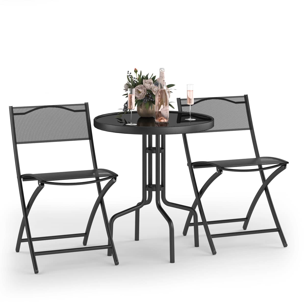 Costway - 3 Pcs Bistro Set Garden Backyard Table Folding Chairs Outdoor Patio Furniture - Black