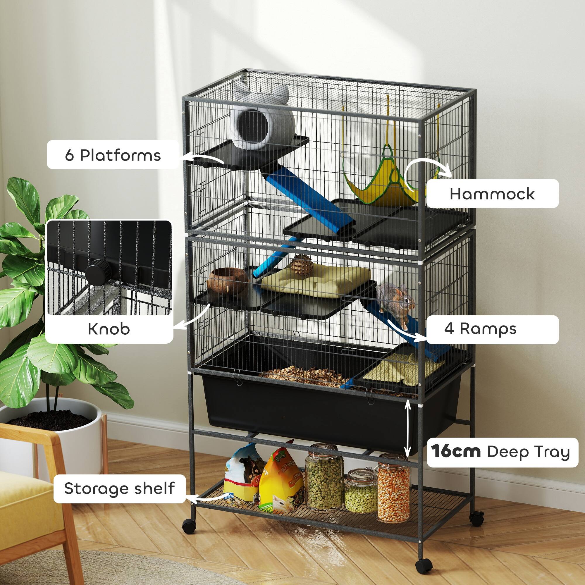 - 6 Platforms
- Hammock
- Knob
- 4 Ramps
- 16cm Deep Tray
- Storage shelf