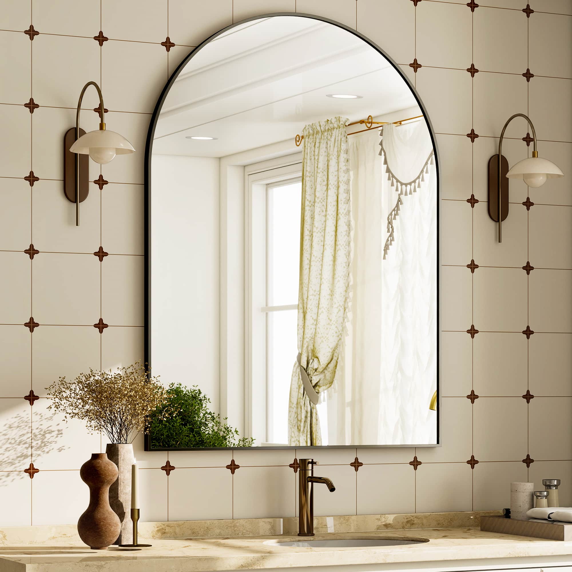 Easly - 24 in. W x 36 in. H Arched Aluminum Alloy Frame Vanity Wall Mirror - Black