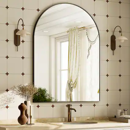 Front. Easly - Black 24 in. W x 36 in. H Arched Aluminum Alloy Frame Vanity Wall Mirror - Black.