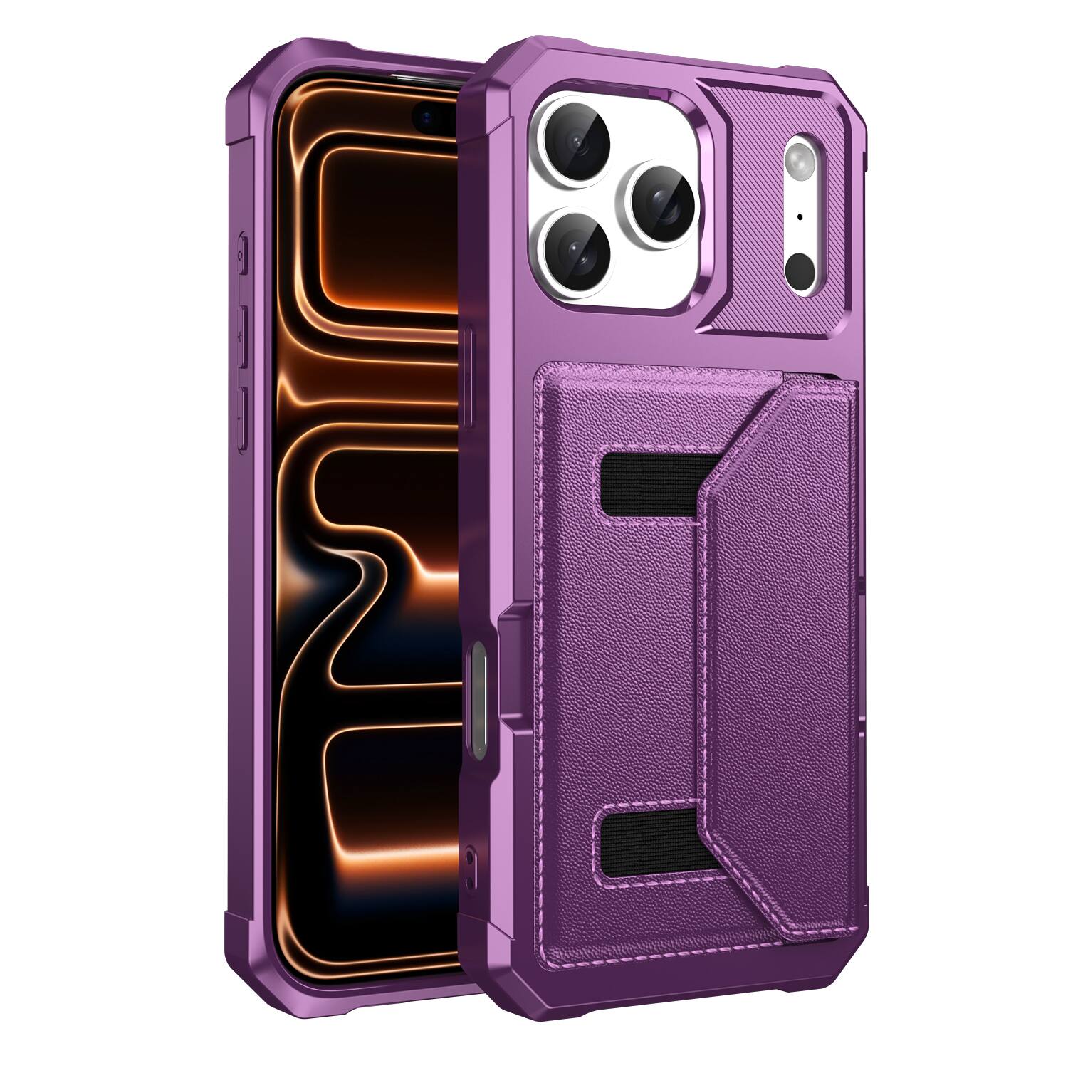 Angle. UUCOVER - Rugged Wallet Case for Apple iPhone 17 Pro Max with Card Holder Slot, Magnetic Closure, Shockproof PU Leather Cover - Purple.