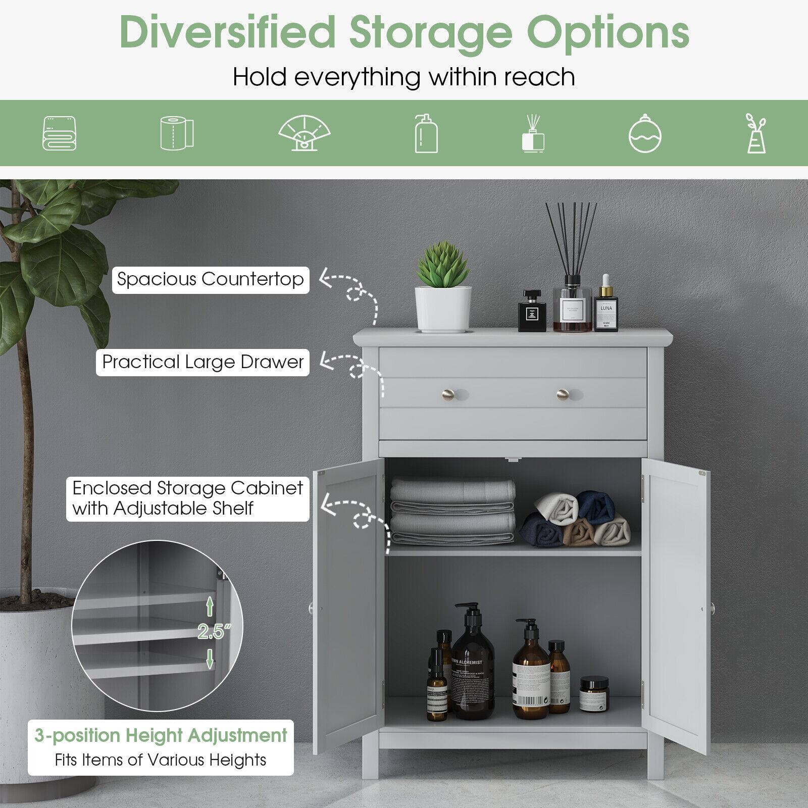Diversified Storage Options
Hold everything within reach
Spacious Countertop
Practical Large Drawer
Enclosed Storage Cabinet with Adjustable Shelf
2.5" dma
3-position Height Adjustment
Fits Items of Various Heights