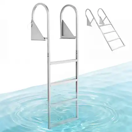 Front. VEVOR - Flip-Up Dock Ladder, 4-Step, Heavy-Duty Aluminum Alloy Pontoon Boat Swim Ladder, with Non-Slip Wide Steps - Silver.