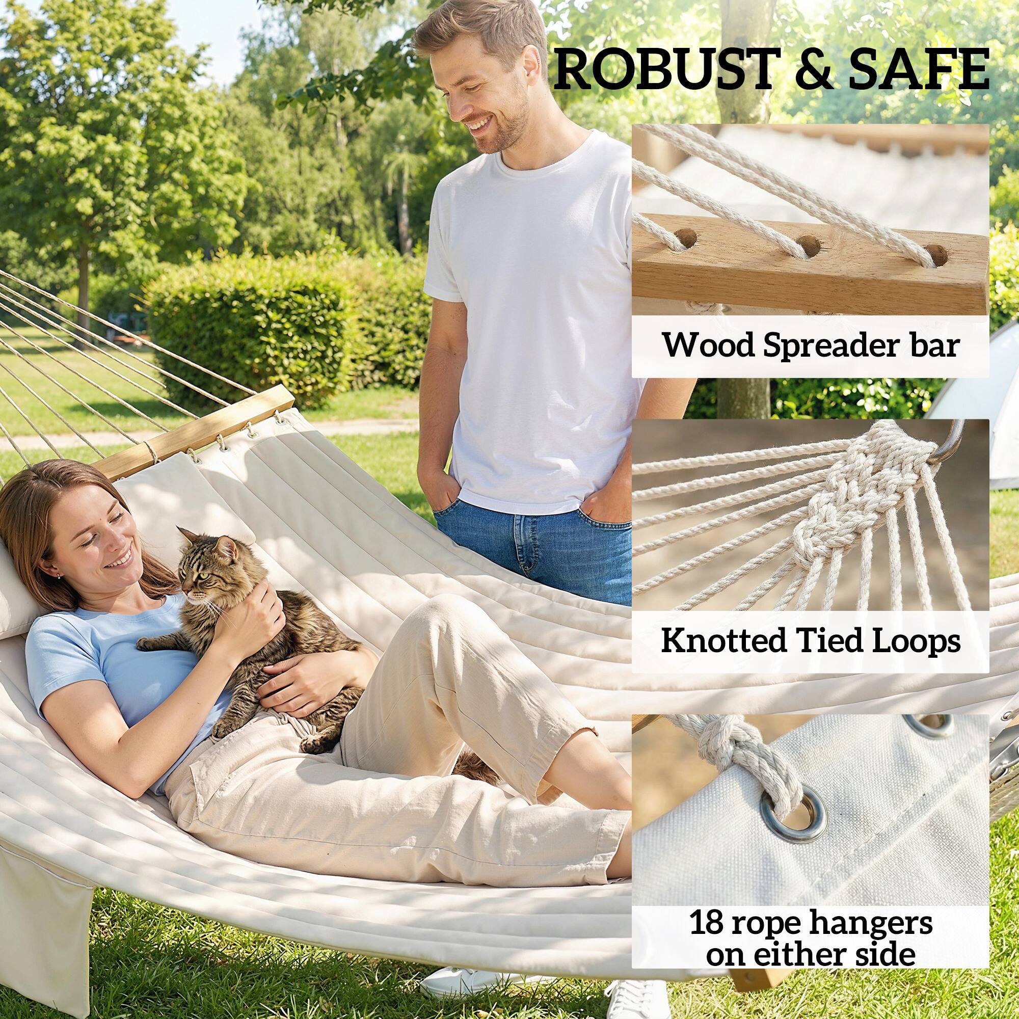 ROBUST & SAFE

- Wood Spreader bar
- Knotted Tied Loops
- 18 rope hangers on either side