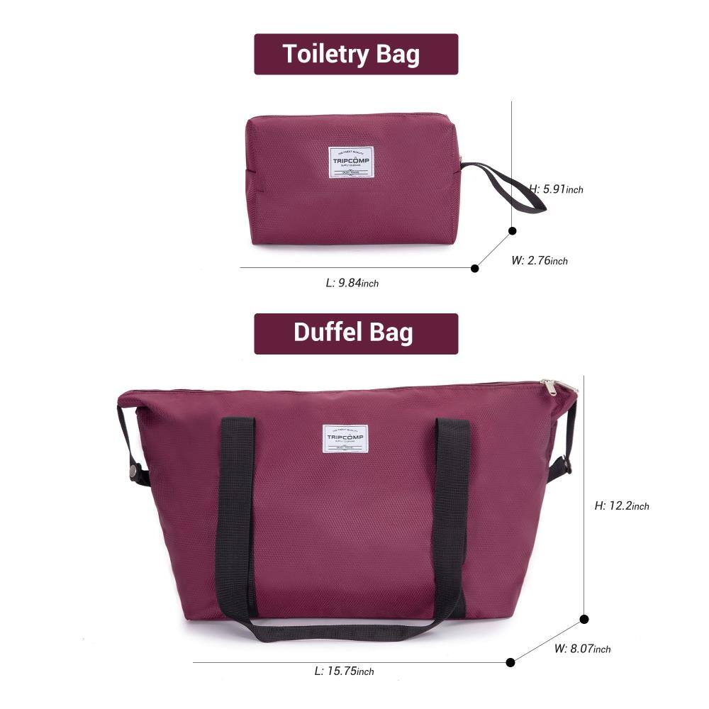 Toiletry Bag  
H: 5.91 inch  
W: 2.76 inch  
L: 9.84 inch  

Duffel Bag  
H: 12.2 inch  
W: 8.07 inch  
L: 15.75 inch