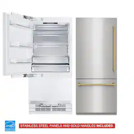Kucht - 36 in. 19.8 cu ft. Built-In Bottom Freezer Refrigerator - Stainless Steel Panels and Gold Handles Included - Stainless Steel and Gold