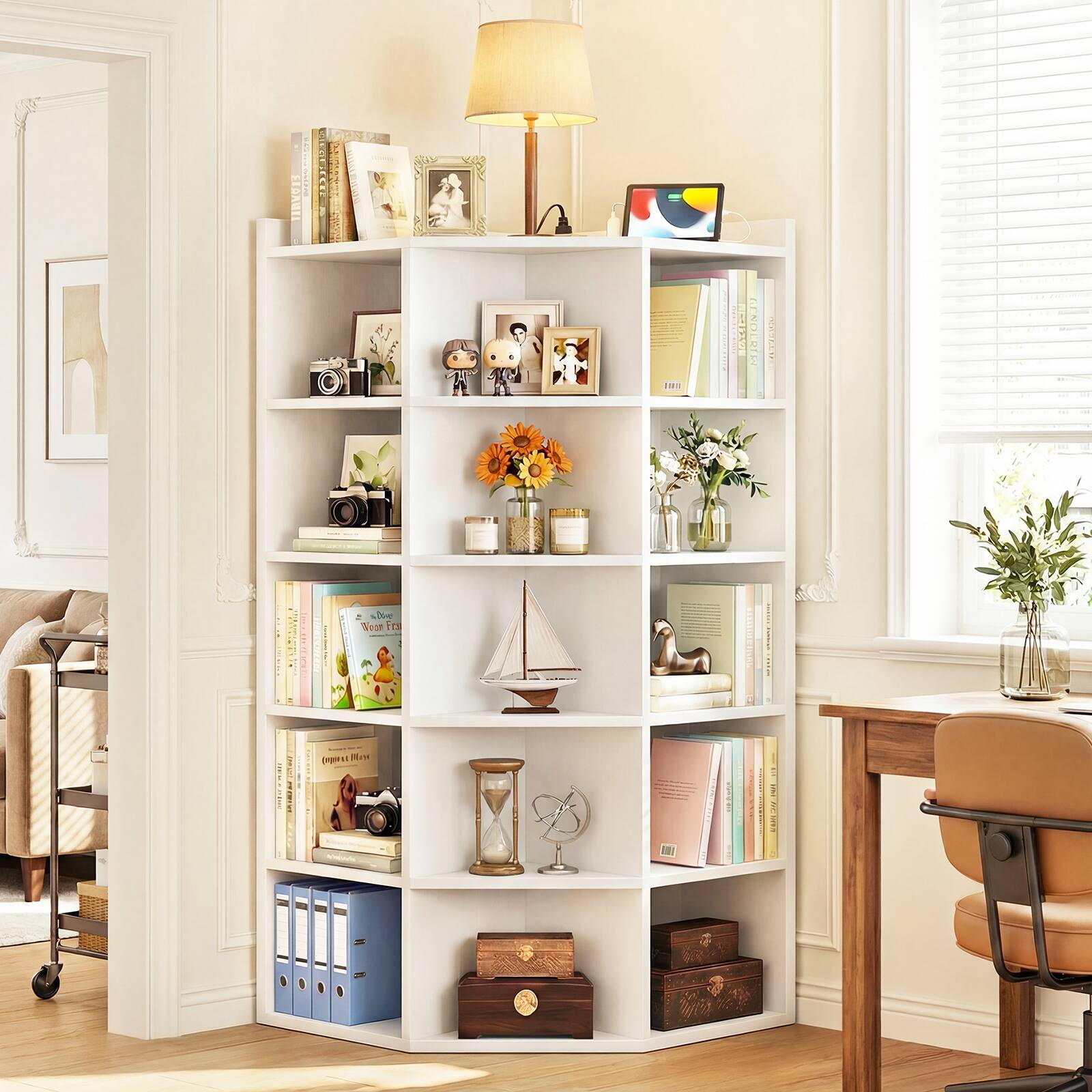 Aheaplus - 6-Tier Corner Cabinet with Power Outlets: 15-Cube L-Shaped Storage Shelf with Top Table for Home Office - White