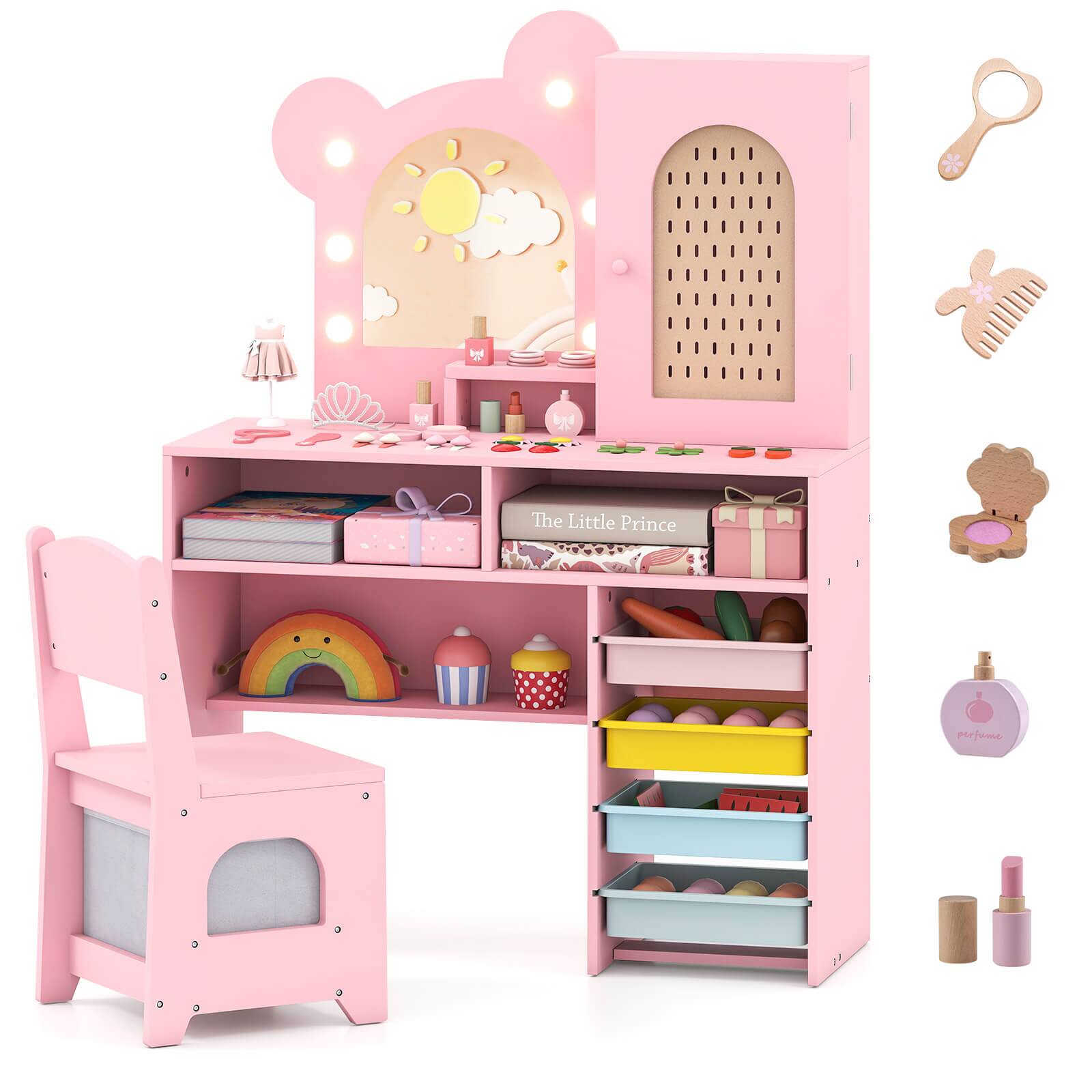 Costway - Kids Vanity with Lights with 5 Drawers & 2 Compartments, Single-door Cabinet - Pink