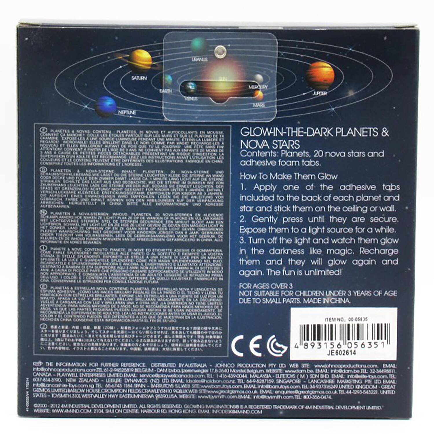 The image features a box of Glow-in-the-Dark Planets & Stars, which includes a set of planets, 20 nova stars, and adhesive foam tabs. The box contains instructions on how to make the planets and stars glow in the dark. It is recommended for ages over 10 years due to small parts. The product is made in China and has the item number 00-05635.