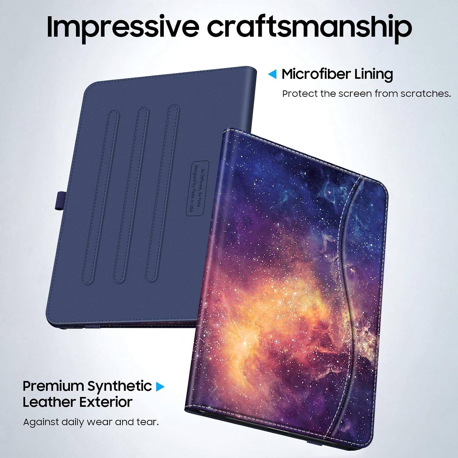 Impressive craftsmanship

Microfiber Lining
Protect the screen from scratches.

Premium Synthetic Leather Exterior
Against daily wear and tear.

Designed by Fintle, USA