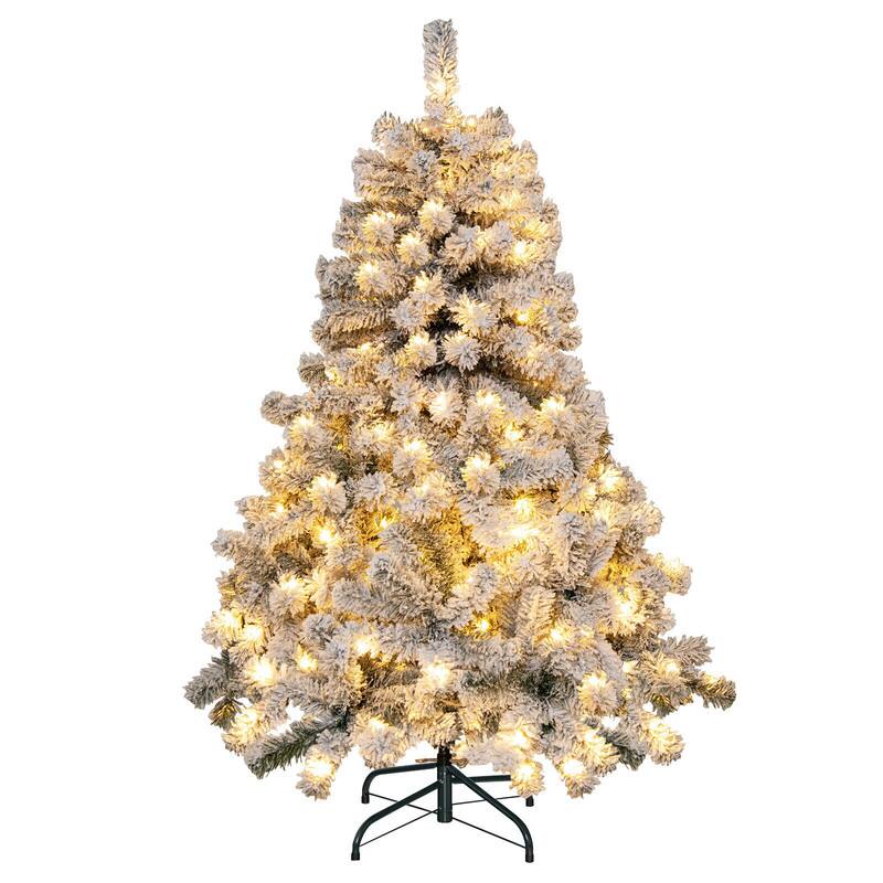 Front. WELLFOR - 4.5ft Pre‑lit Snow‑Flocked Hinged Artificial Christmas Tree with 295 Branch Tips &150 LED Lights - Green & White.