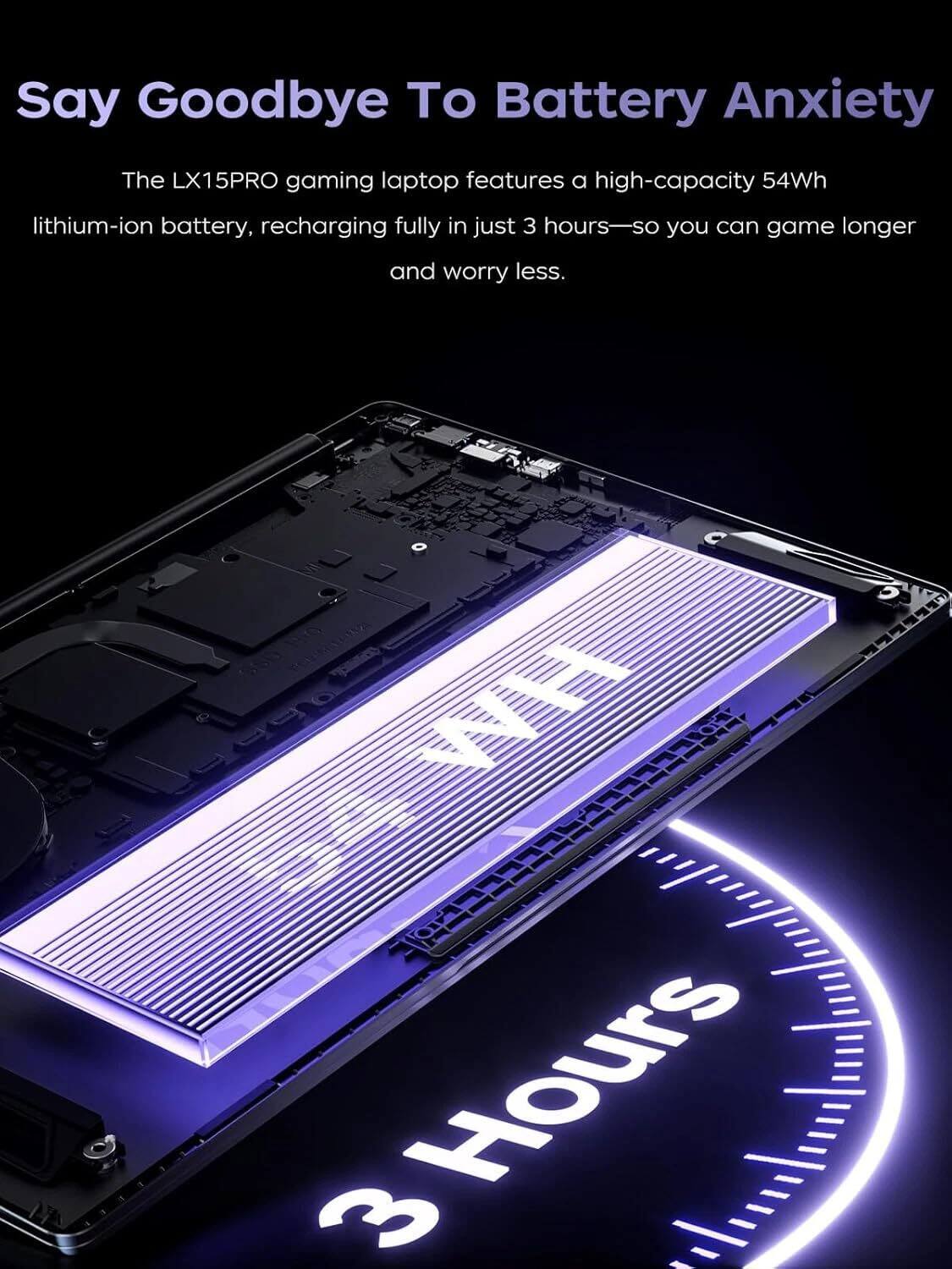 Say Goodbye To Battery Anxiety

The LX15PRO gaming laptop features a high-capacity 54Wh lithium-ion battery, recharging fully in just 3 hours—so you can game longer and worry less.