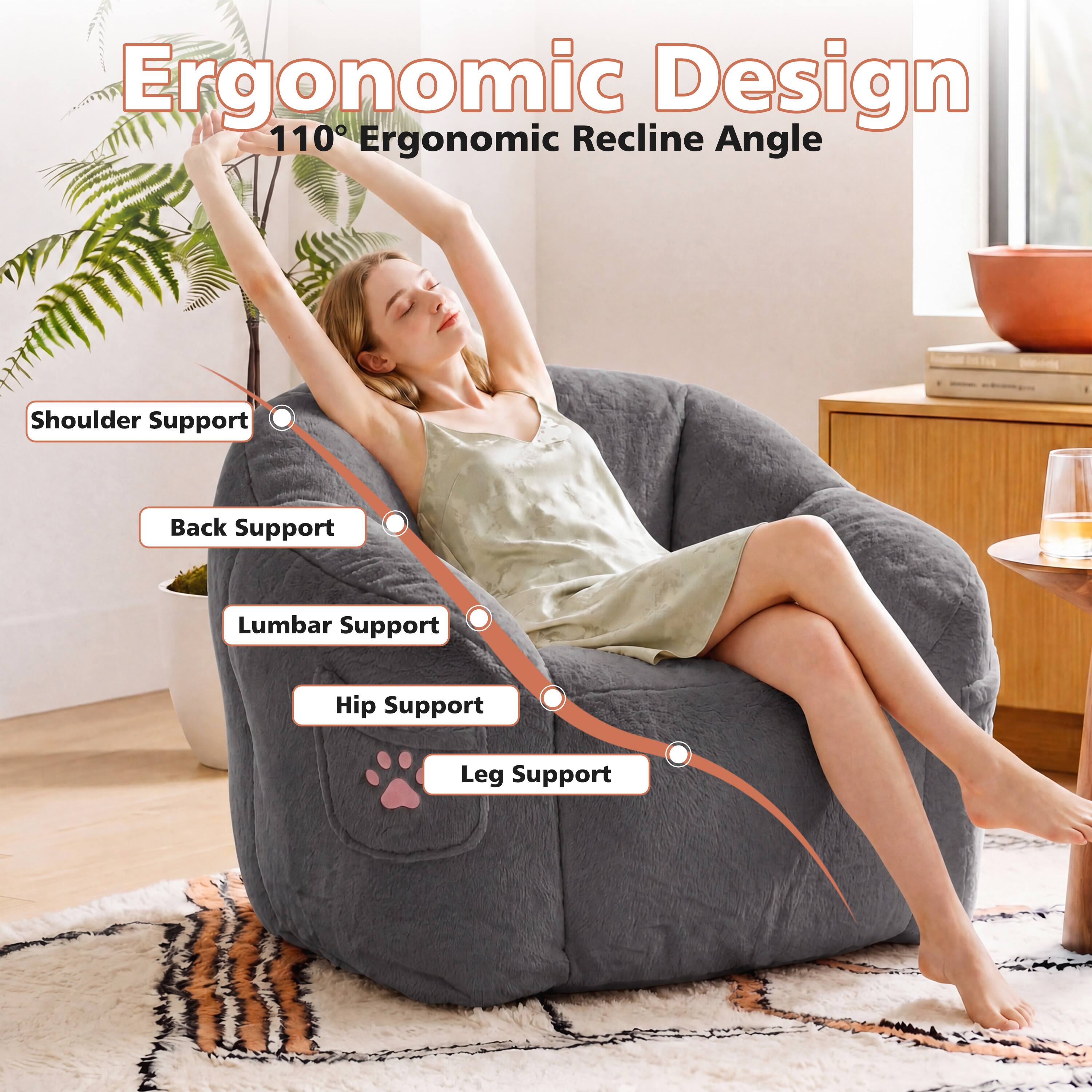 Ergonomic Design  
110° Ergonomic Recline Angle  
Shoulder Support  
Back Support  
Lumbar Support  
Hip Support  
Leg Support