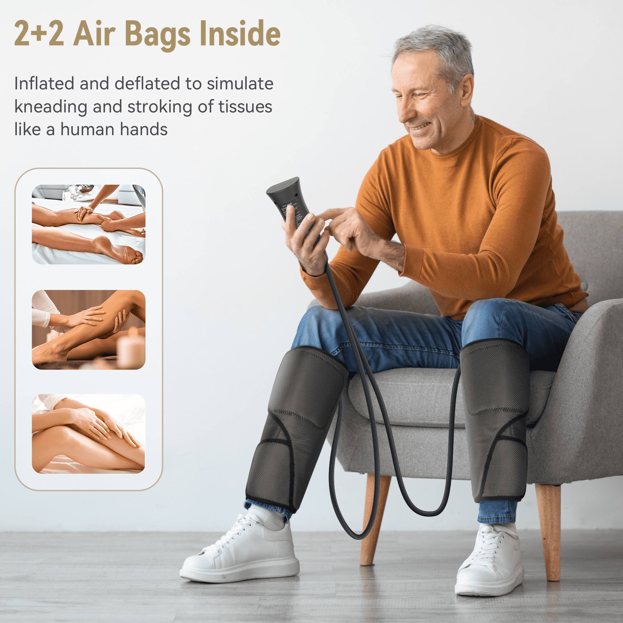 2+2 Air Bags Inside

Inflated and deflated to simulate kneading and stroking of tissues like a human hands