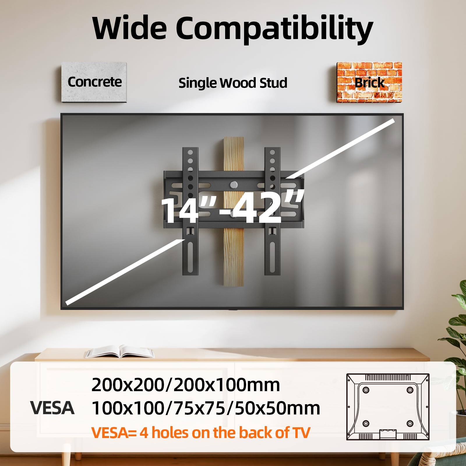 Wide Compatibility  
Concrete Single Wood Stud Brick  
14"-42"  
200x200/200x100mm  
VESA 100x100/75x75/50x50mm  
VESA = 4 holes on the back of TV