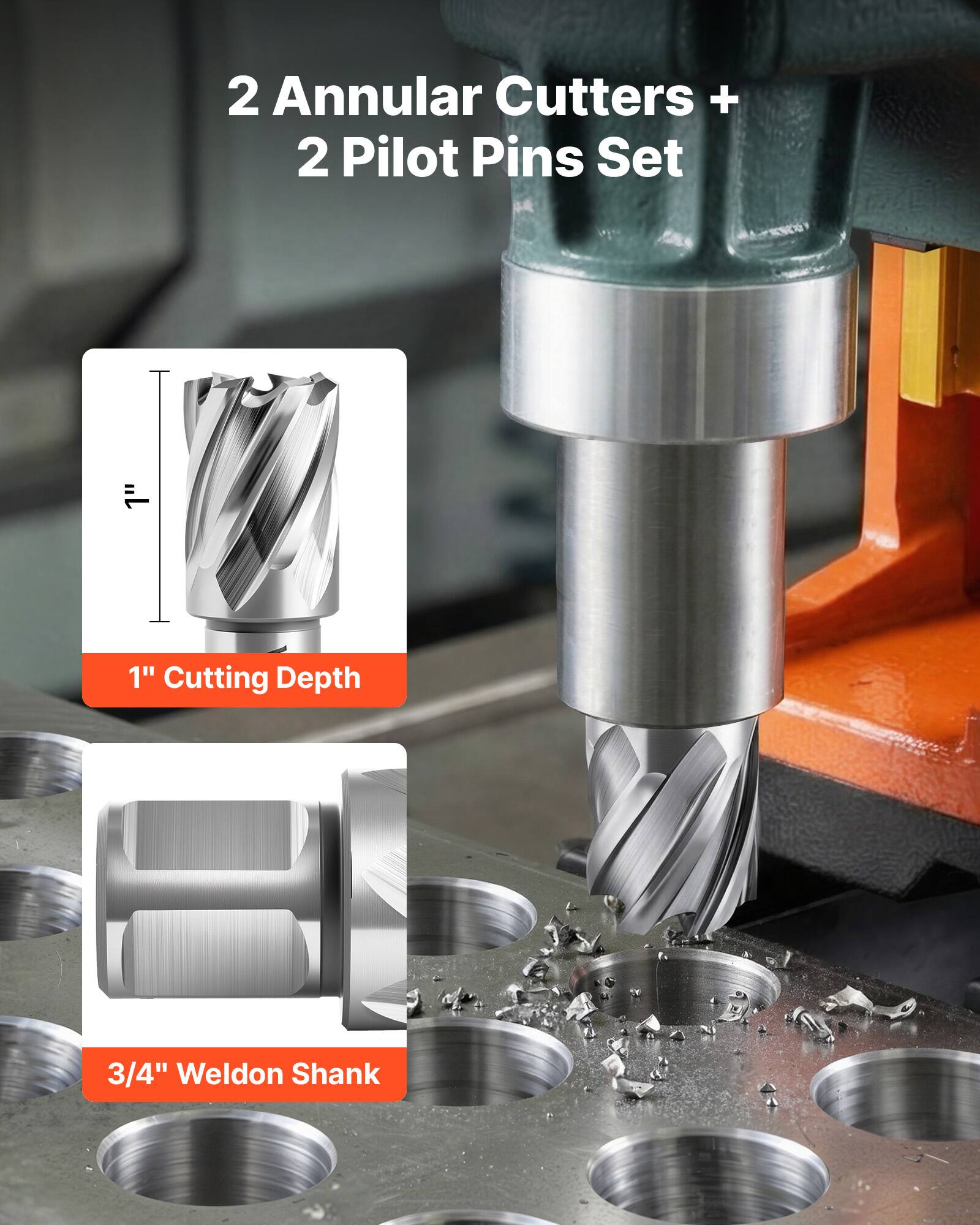 2 Annular Cutters + 2 Pilot Pins Set  
1" Cutting Depth  
3/4" Weldon Shank