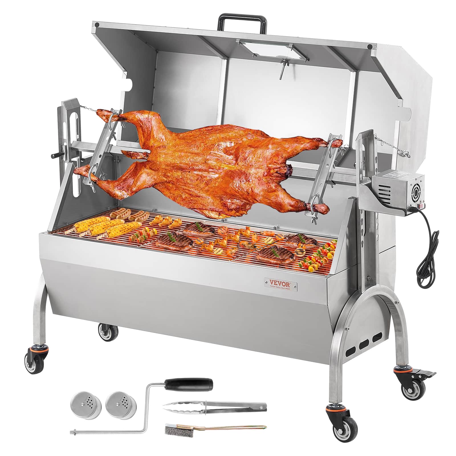 VEVOR - Rotisserie Grill with Hooded Cover, BBQ Whole Pig Lamb Goat Charcoal Spit Grill, 46 Inch 132Lbs Capacity - Silver