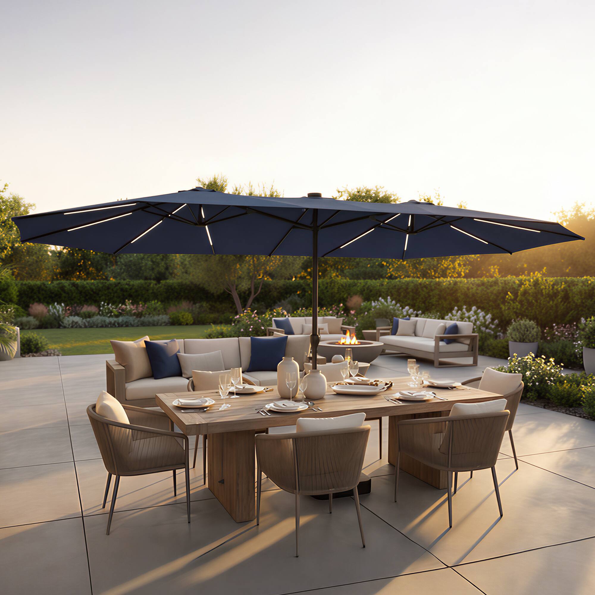 Left. Famapy - Double Top Patio Umbrella with LED Lights Outdoor Market UmbrellaLarge Twin Canopy Deck Umbrella for Patio Garden - Navy blue.