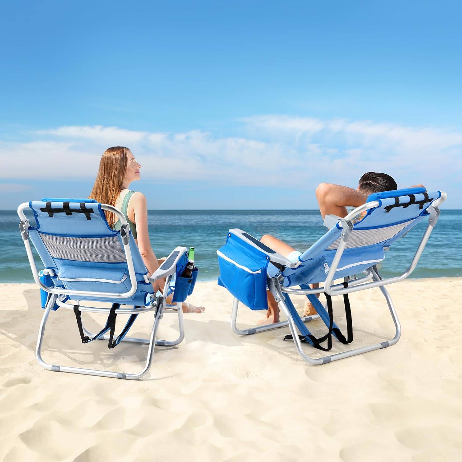 Alt View 8. Winado - 2PCS Folding Backpack Beach Chair Portable with 5-Position, Cup Holders, Cooler Bag, Towel Bar for Outdoor Beach Camping - Light Blue.