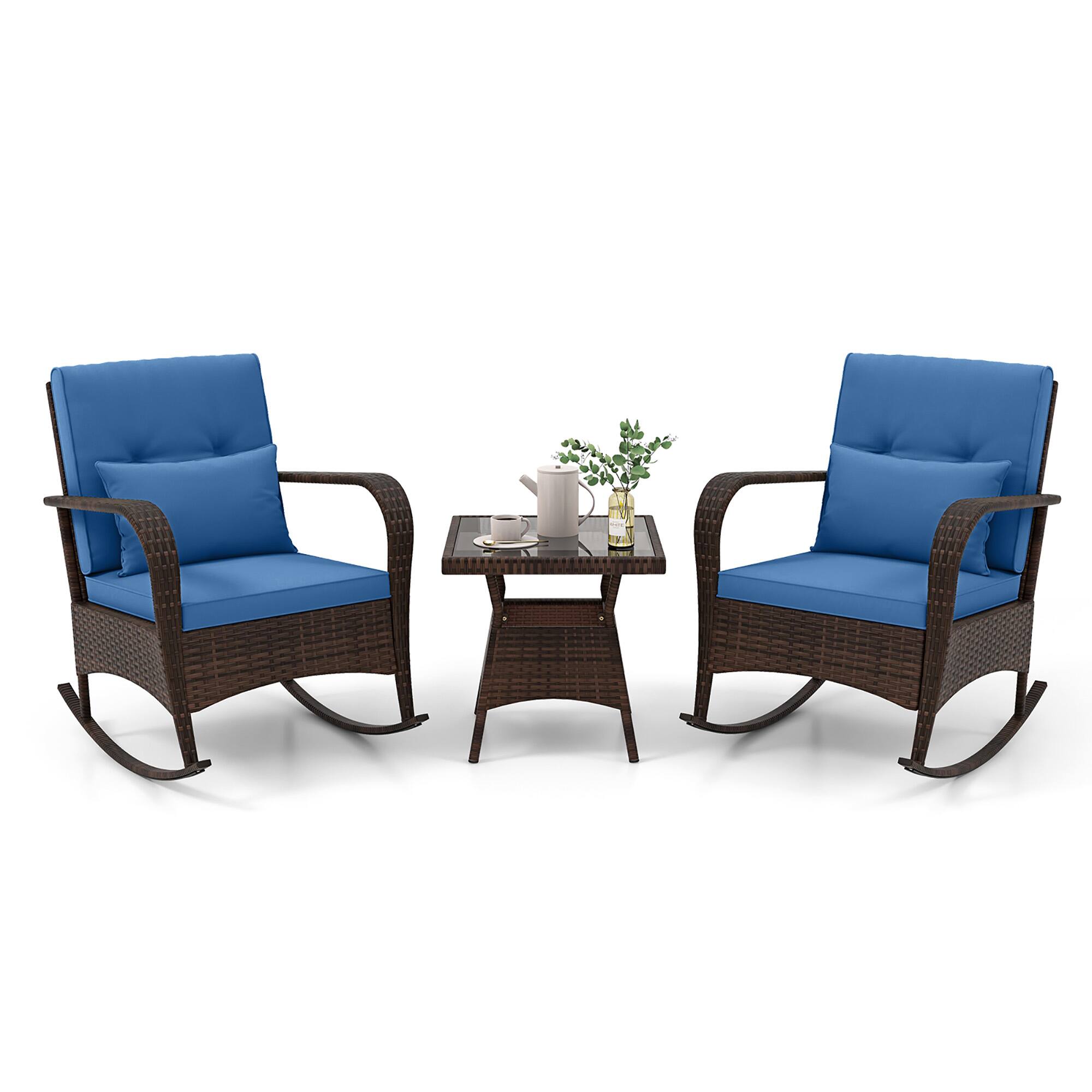 Alt View 1. Gymax - Gymax 3 Piece Outdoor Rocking Set Rattan Rocker Chairs w/ Tempered Glass Coffee Table - Blue, Mix Brown.