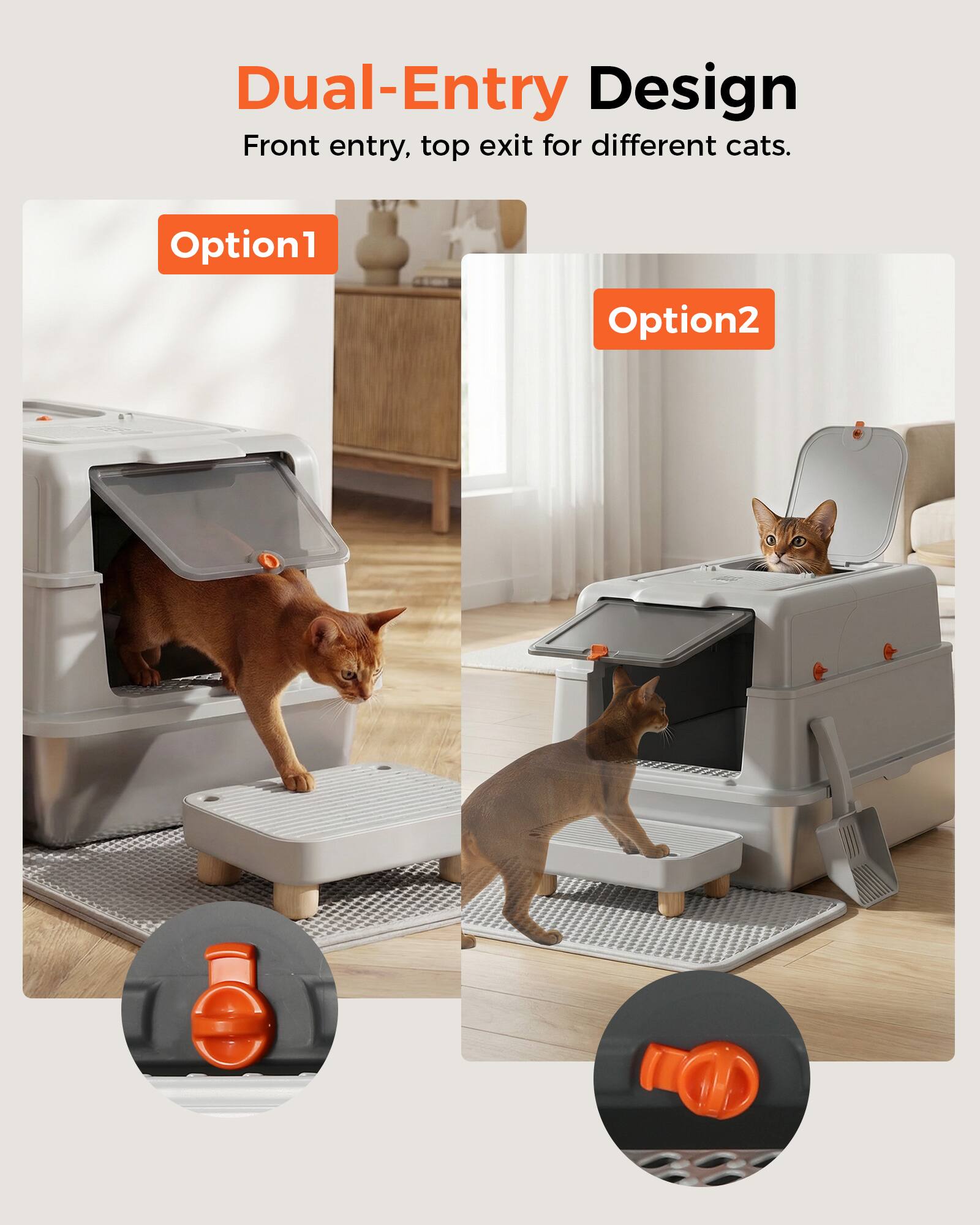 Dual-Entry Design  
Front entry, top exit for different cats.  
Option1  
Option2
