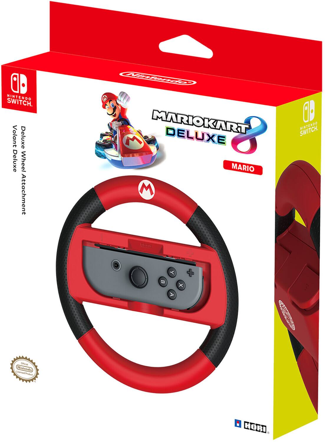 The text on the image is:

**Nintendo Switch. Volant Deluxe Deluxe Wheel Attachment Mirnde MARIOKART 8 MARIO M 0% Nintendo Switch. UEIL Y + B x A Otce Hintenda ierad Product I HORI**

Corrected and grouped text:

**Nintendo Switch. Volant Deluxe Deluxe Wheel Attachment for MARIOKART 8 MARIO. 0% Nintendo Switch. UEIL Y + B x A. Otce Hintenda ierad Product. I HORI.**