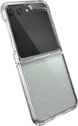 Front. Speck - Speck Presidio Perfect-Clear Fold With Glitter Case - Samsung Galaxy Z Flip5 - Clear/Gold Glitter.
