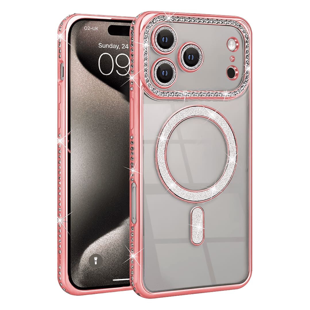 Entronix - [Magnetic] Case Compatible with iPhone 18 Pro - [Clear Back] Luxury Diamonds - Rose