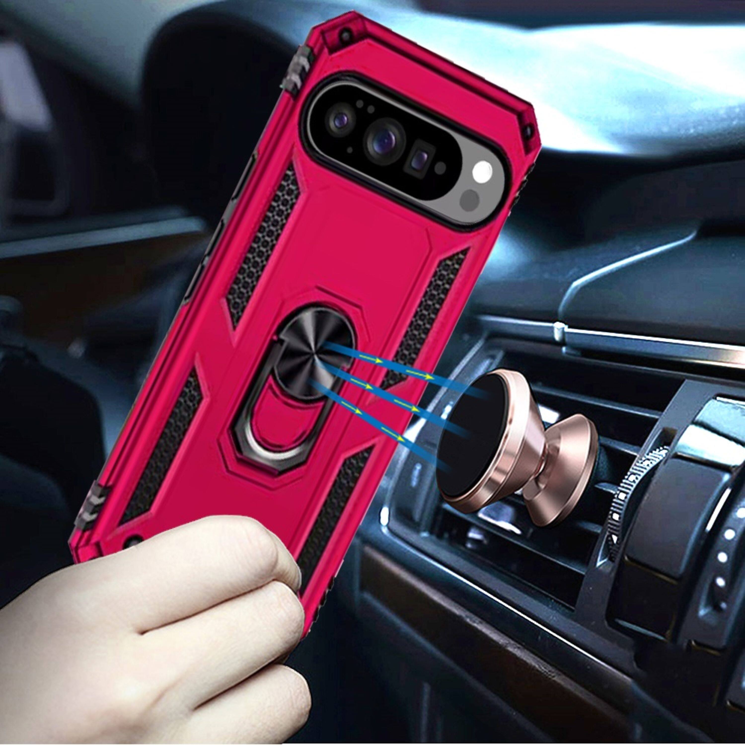 Angle. Kitcheniva - Shockproof Ring Holder Magnetic Kickstand Phone Case With Tempered Glass For Google Pixel 10 Pro XL Hot Pink - Hot Pink.
