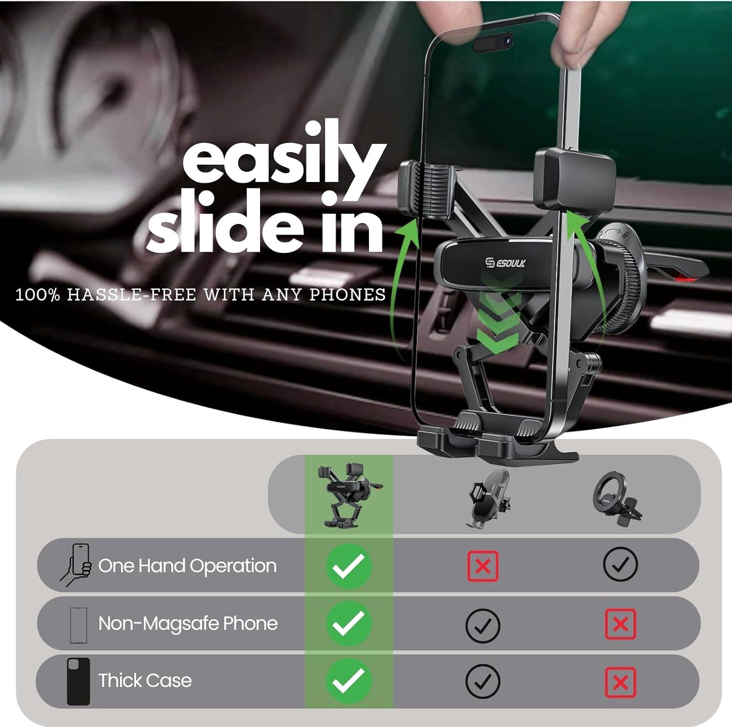 easily slide in  
100% HASSLE-FREE WITH ANY PHONES  
SEOULK  
One Hand Operation  
Non-Magsafe Phone  
Thick Case