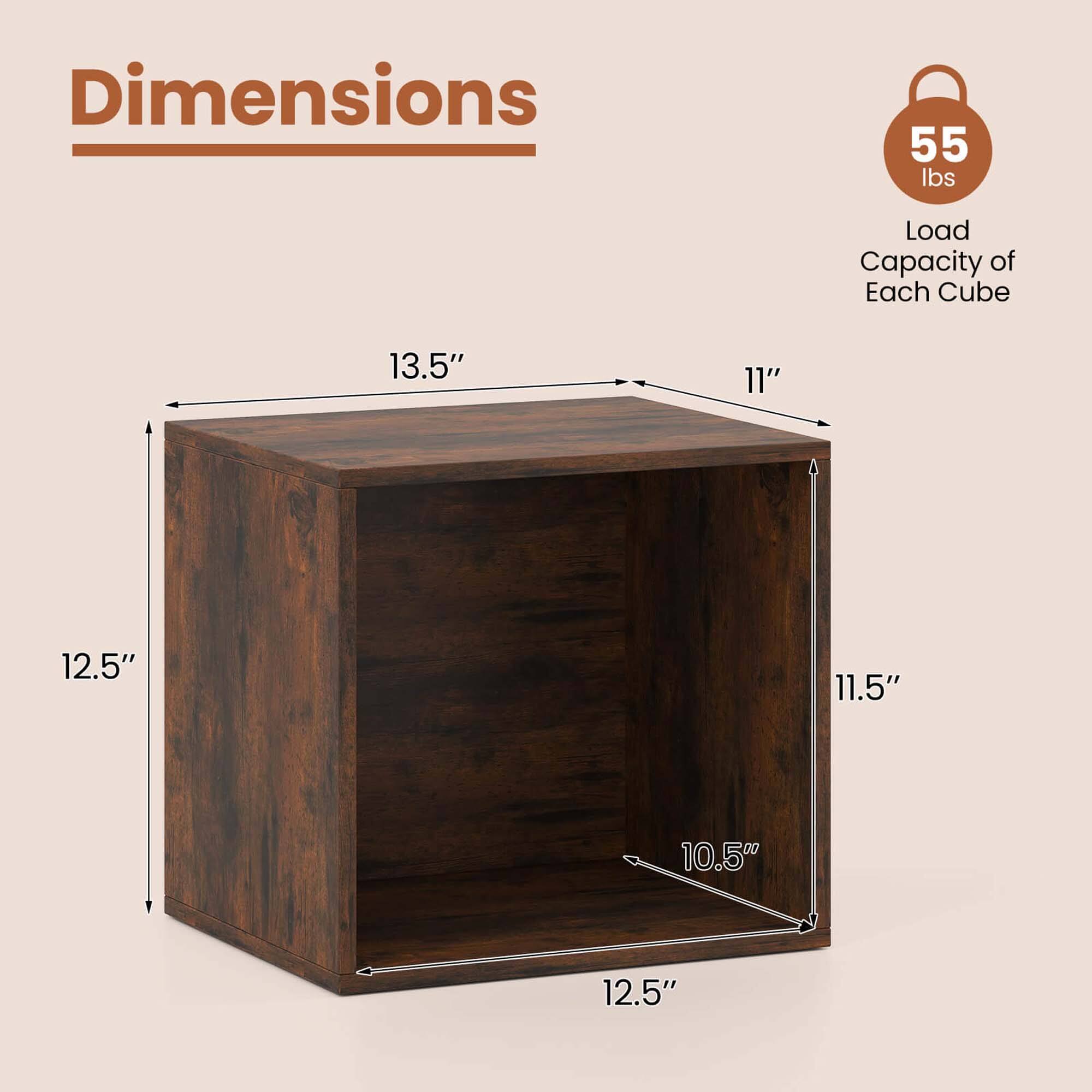 Dimensions  
Load Capacity of Each Cube: 55 lbs  
13.5" x 11" x 12.5" x 11.5" x 10.5" x 12.5"