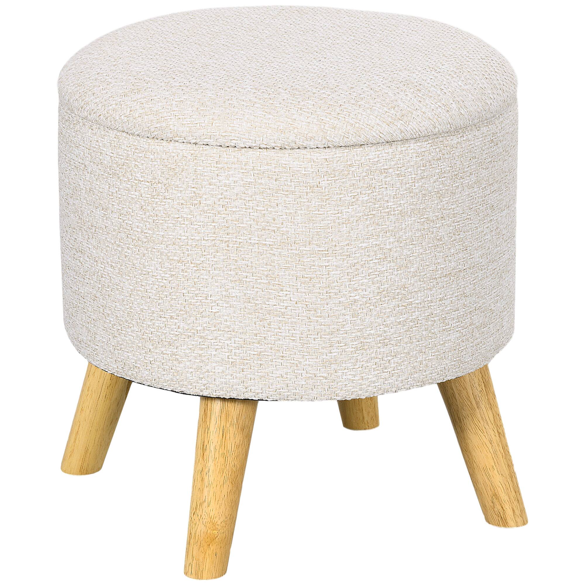 Front. Homcom - Ottoman Stool with Storage, Linen Fabric Upholstered Foot Stool with Padded Seat - Cream White.
