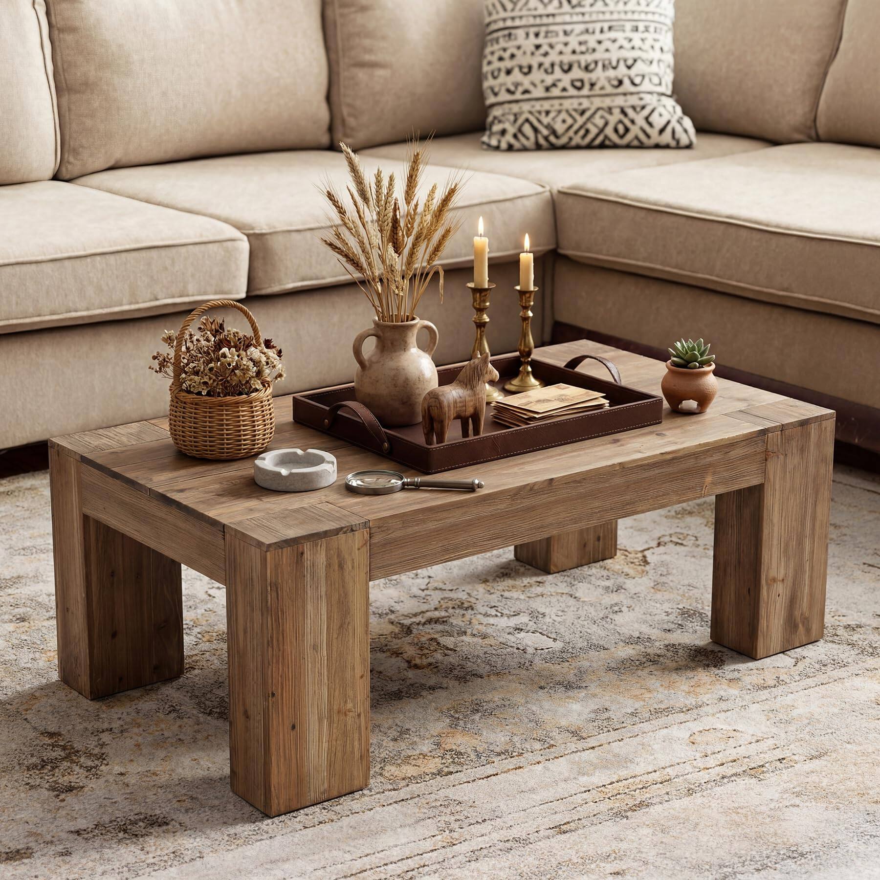 Left. Tribesigns - LITTLE TREE Solid Wood Coffee Table, Modern Farmhouse Center Table - Brown.