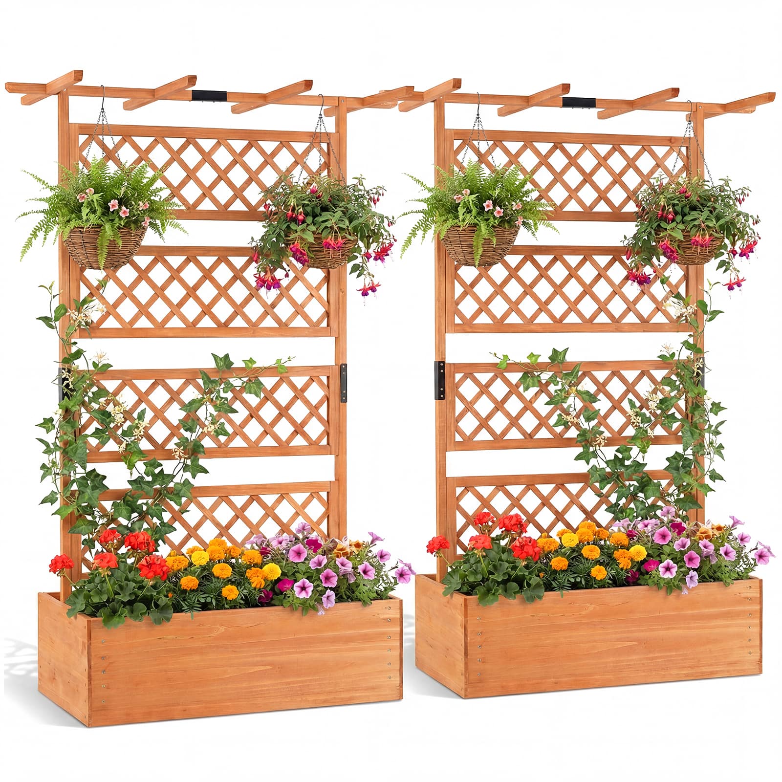 Gymax - 2PCS Wooden Planter Box w/Lattice Trellis Flat Roof Drainage for Climbing Plant - Orange