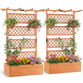 Gymax - 2PCS Wooden Planter Box w/Lattice Trellis Flat Roof Drainage for Climbing Plant - Orange