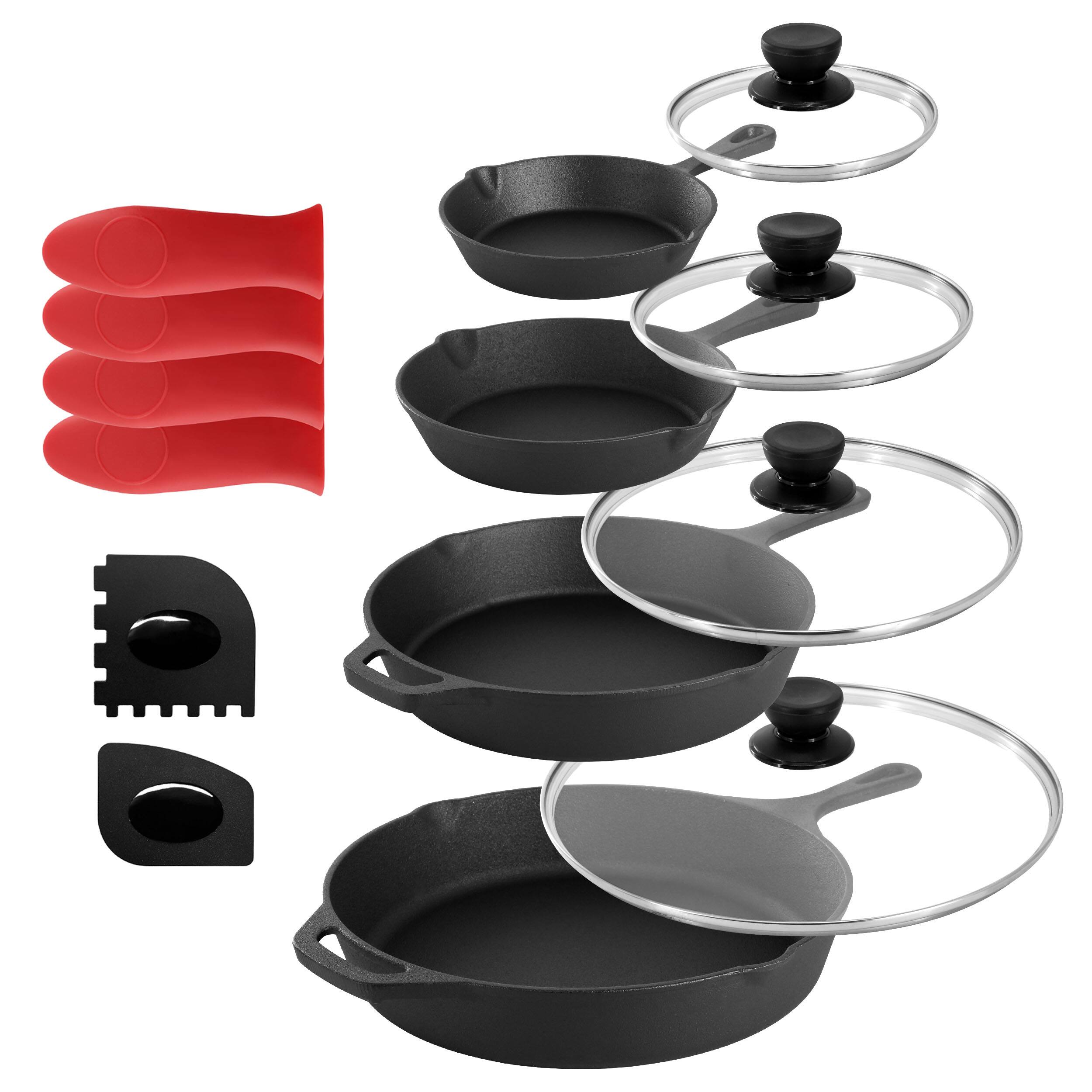 Front. MegaChef - MegaChef 13 Piece Cast Iron Skillet Set with Tempered Glass Lids and Silicone Holders - Black and Red.