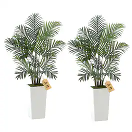 VEVOR - Artificial Areca Palms 4 ft, 2 Pack Fake Palm Tropical Plants with White Tall Planter, Faux Floor Silk Plant in Pot - Green