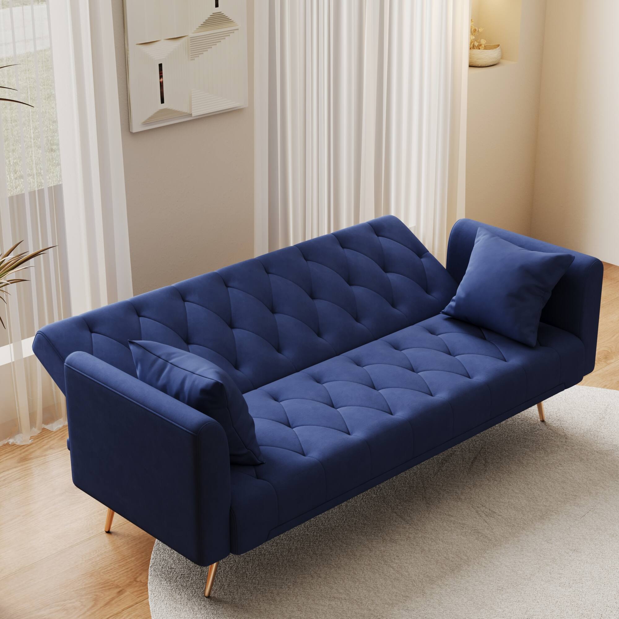 Alt View 2. GOODSILO - Convertible Velvet Sofa Bed with Adjustable Backrest for Small Spaces, Living Room and Office Use - Blue.