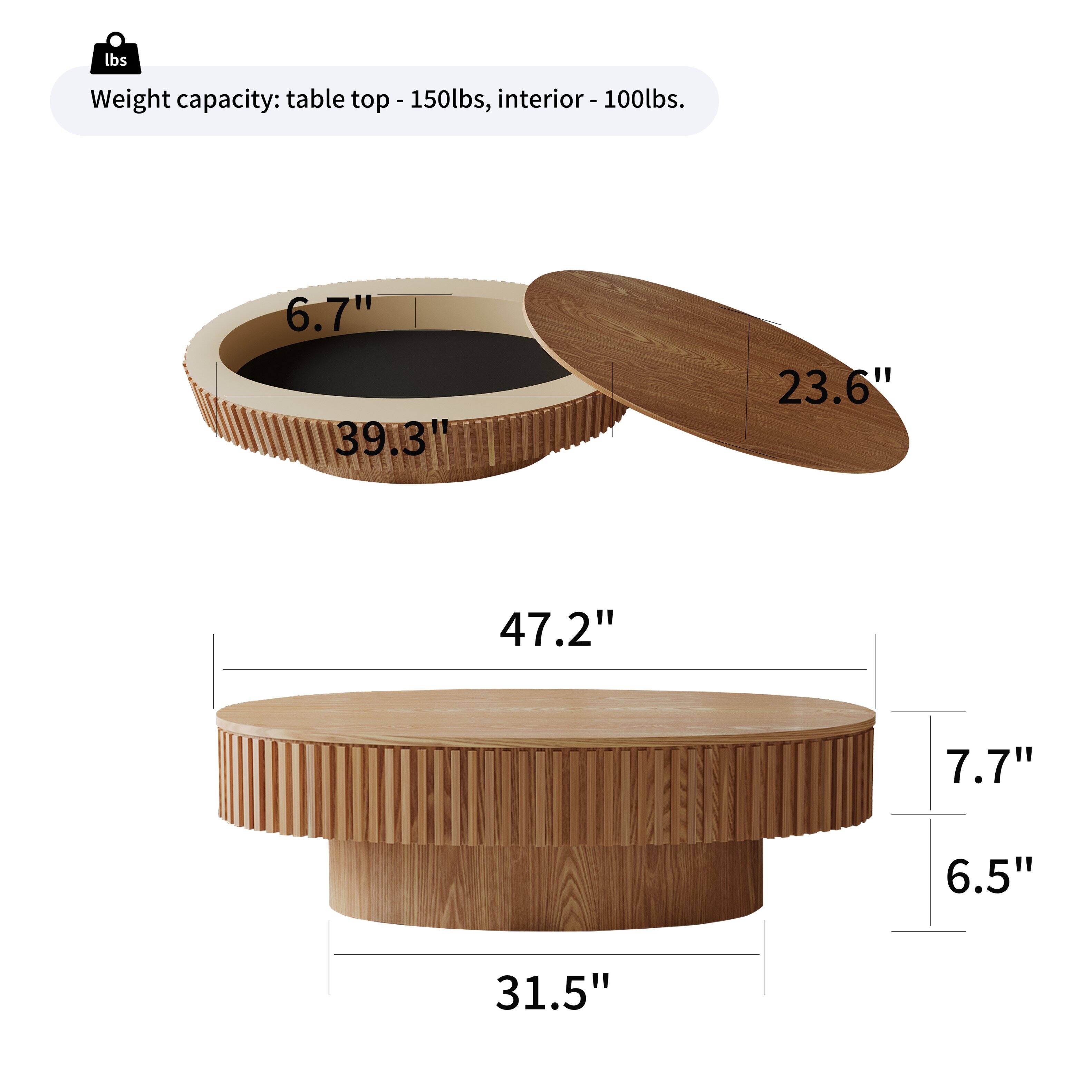 Weight capacity: table top - 150lbs, interior - 100lbs.

6.7" 39.3" 23.6" 47.2" 7.7" 6.5" 31.5"