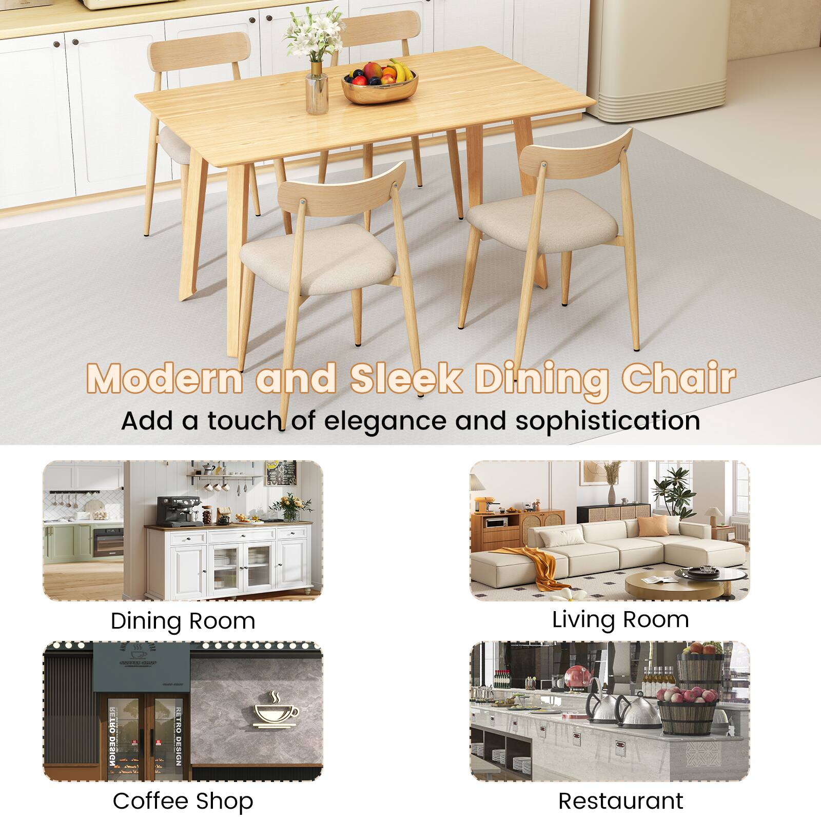 Modern and Sleek Dining Chair  
Add a touch of elegance and sophistication  

Dining Room  
Living Room  
Coffee Shop  
Restaurant