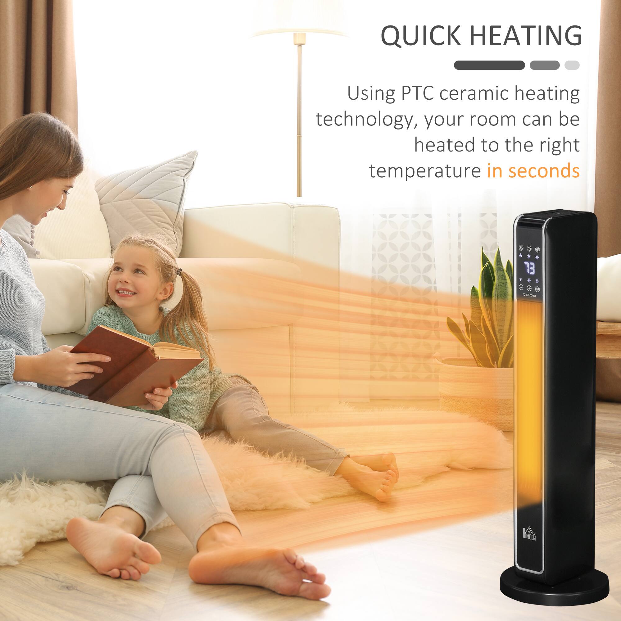 Back. Breezary - 2-in-1 Portable Electric Tower Heater with Oscillation, Remote Control, 8H Timer, 3 Modes, 750W/1500W - Black Electric Tower Heater.