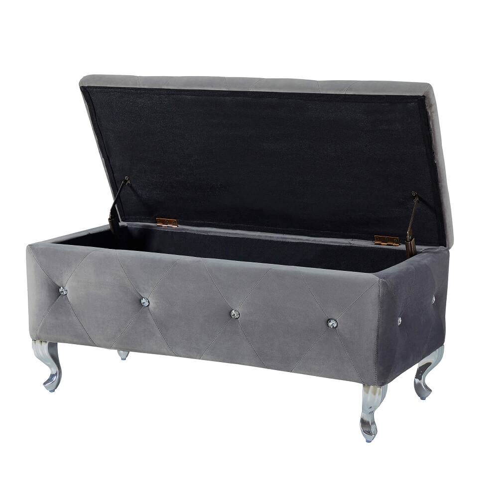 Angle. Ropilly - Ropilly Tufted Storage Ottoman Bench Grey Velvet End of Bed Bench with Crystal Buttons Entryway Shoe Footrest - Grey.