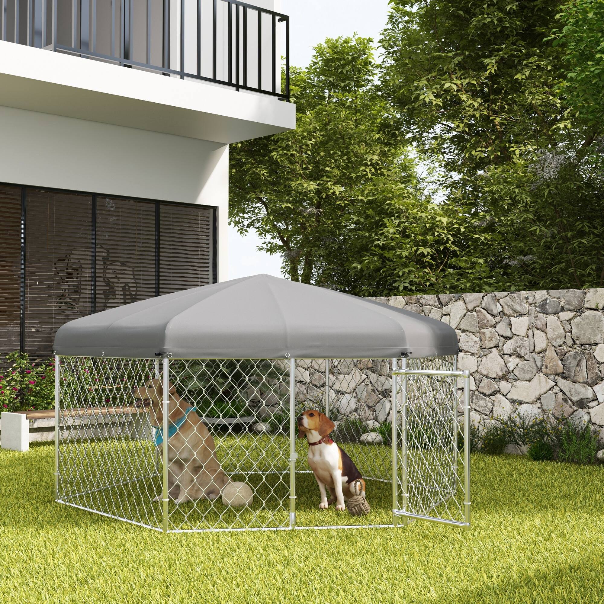 Alt View 4. Siljoy - Outdoor Dog Kennel with UV Roof, Lockable Door, 28 sq ft Galvanized Steel Run for Medium/Large Dogs.