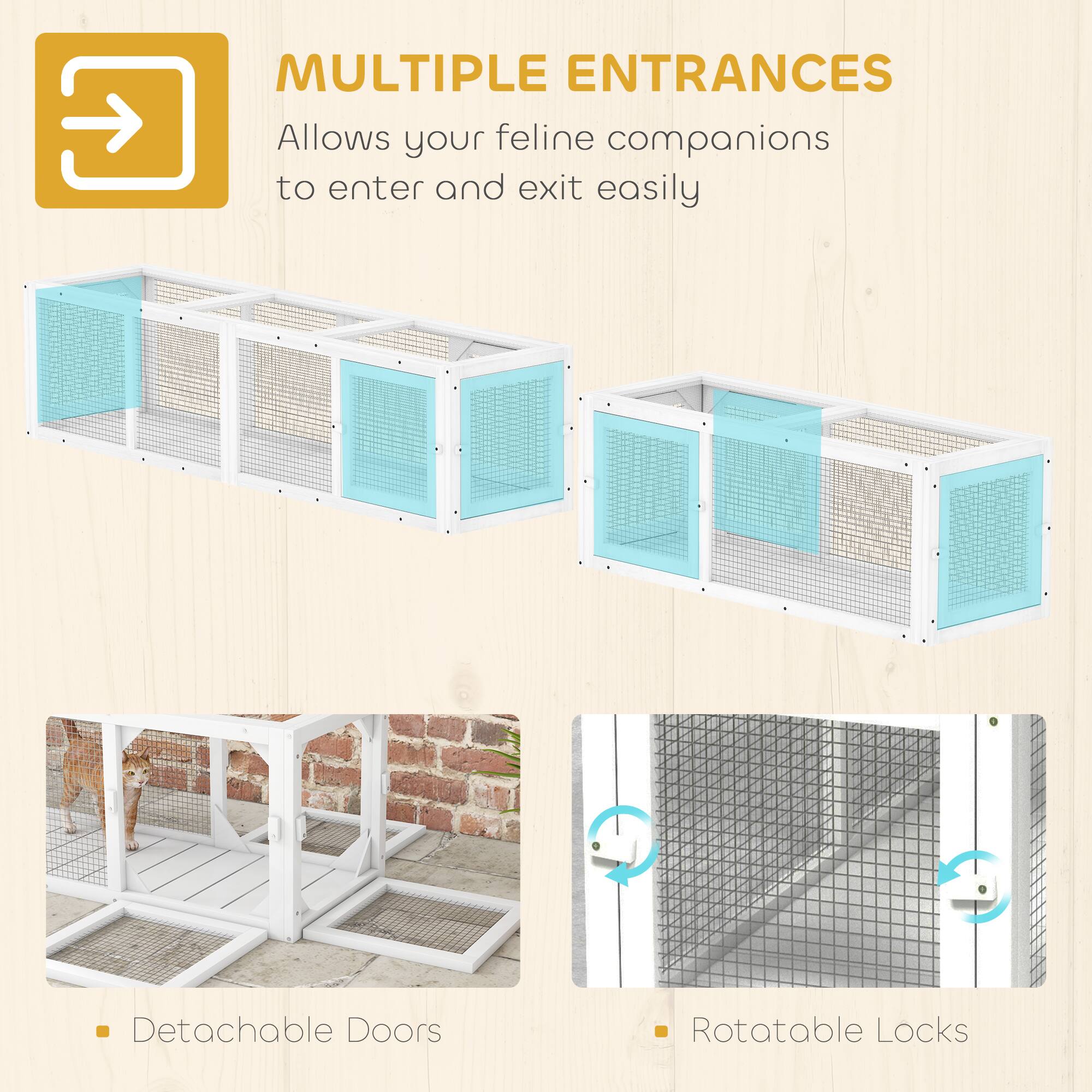 MULTIPLE ENTRANCES  
Allows your feline companions to enter and exit easily

- Detachable Doors
- Rotatable Locks