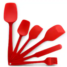 Cheer Collection - 6-Piece Heat-Resistant Silicone Spatula Set for Nonstick Cookware with Stainless Steel Cores & Basting Brush - Red
